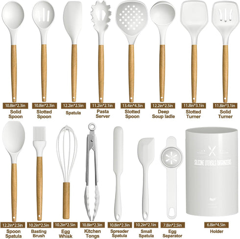 Silicone Cooking Utensils Set, 16 Pcs with Holder, Heat Resistant Kitchen Gadgets for Nonstick Cookware