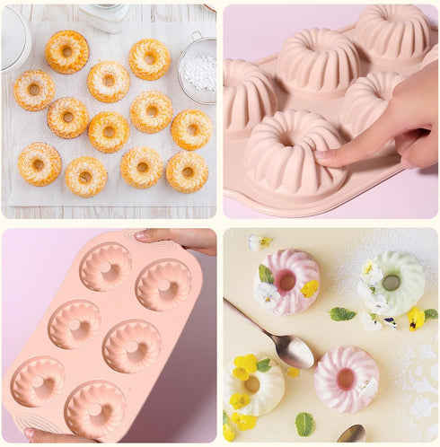 Mini Bundt Cake Pan 3pcs, Silicone Fluted Tube Cake Pans, 6-Cavity Heritage Bundtlette Molds (Pink+Blue+Gray)