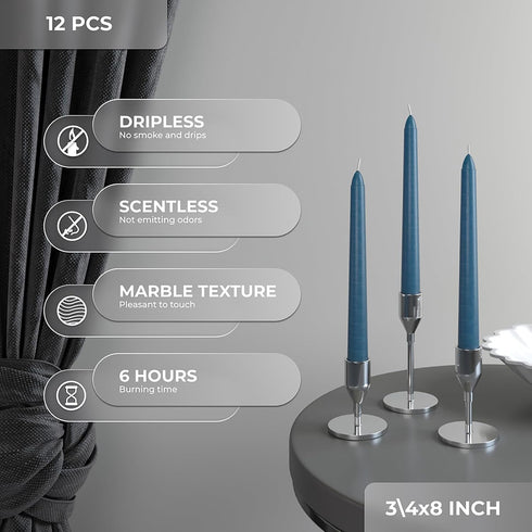 CANDWAX 8 inch Dark Blue Tapered Candles - Set of 12 Dripless Dinner Candles