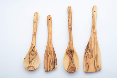 Handcrafted Olive Wood Cooking Spoon & Spatula Set of 2 Pieces - 10 Inch Practical Wooden Utensils