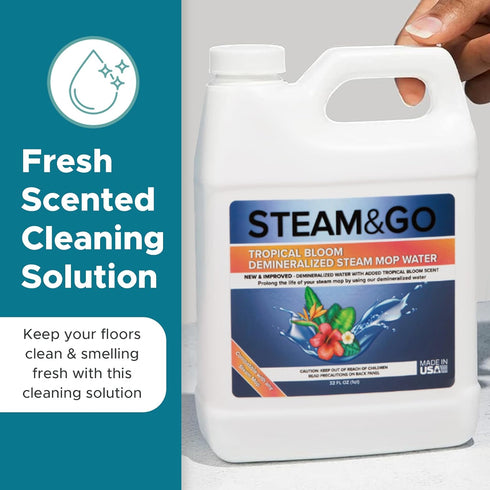 Steam & Go Demineralized Water for Steam Cleaner - 32 oz Tropical Bloom Liquid Compatible with Any Mop Steamer