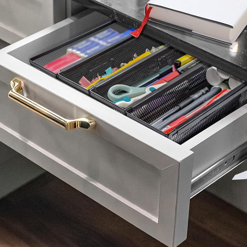 2PCS Drawer Organizer for Kitchen, Utensil Mesh Drawer Organizer with Interlocking Arm for Flatware, Black