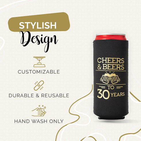 Cheers and Beers to 30 Years Can Coolers, Set of 12 - Black and Gold 30th Birthday Party Decorations for Men and Women