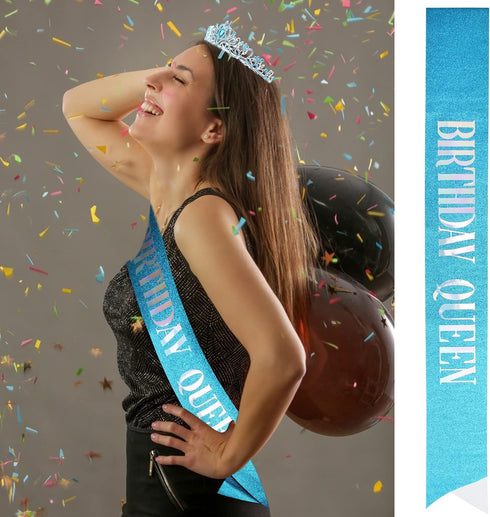 Birthday Crowns for Women, Blue Rhinestone Tiara with Sash, Birthday Queen Crown and Sash for Women