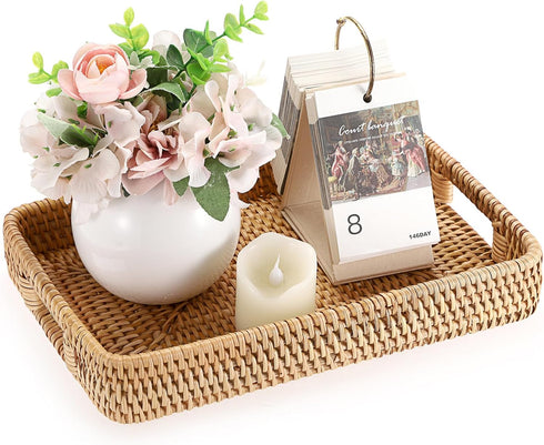 Hipiwe 11.8x7.9x1.8inch Rattan Serving Tray Hand Woven Tray with Handles Rattan Rectangular Basket Trays for Storage