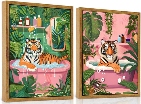 ARTZIO Animals In Bathtub Abstract Wall Art, Jungle Tiger Bathroom Decor, Set of 2 12x16in Ready to Hang