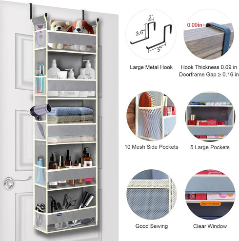 Over The Door Hanging Organizer, 5-Shelves and 10 Side Pockets for Bathroom and Bedroom Storage