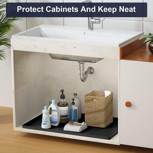 Under Sink Mat - 31" x 22" Waterproof Kitchen Cabinet Mat - Flexible Silicone Under Sink Liner with Drain Hole - Kitchen Bathroom Cabinet Mat and Protector for Drips Leaks Spills (Black)