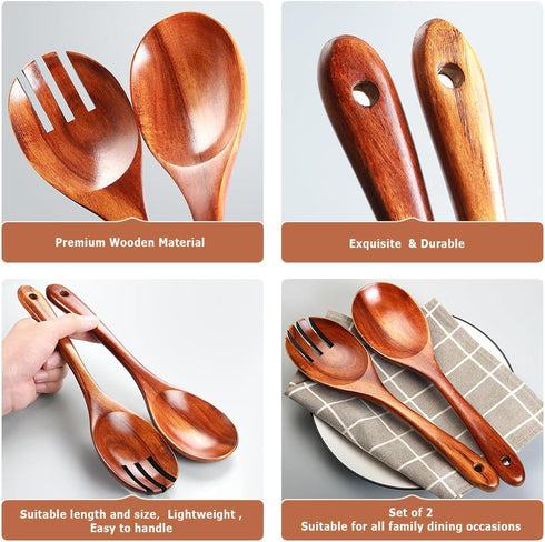 Wooden Salad Tongs, 10.2in Serving Utensils Set, Acacia Salad Spoon and Fork Set, Long Handle Wood Serving Utensils