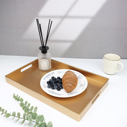 15.6" 10.2" Spsyrine Gold Decorative Serving Tray with Handles, Elegant Plastic Coffee Table Tray for Ottoman, Living