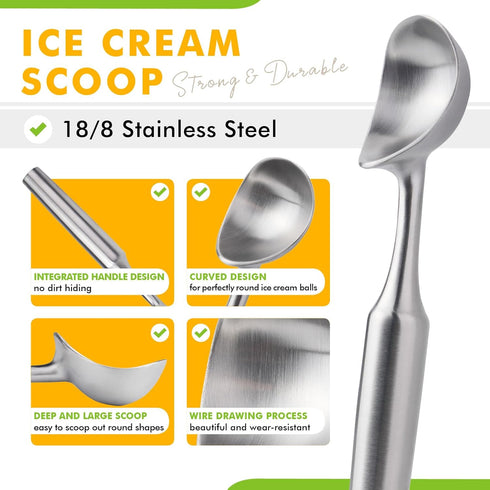 Seamless Frozen Saebye Ice Cream Scoop Stainless Steel. Ice Cream Scooper, Heavy Duty, Design, Comfortable Grip Long
