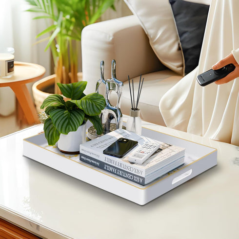 15.8" 10.2" 1.4" MAONAME White Decorative Tray with Handles, Plastic Serving Tray for Coffee Table, Marbling