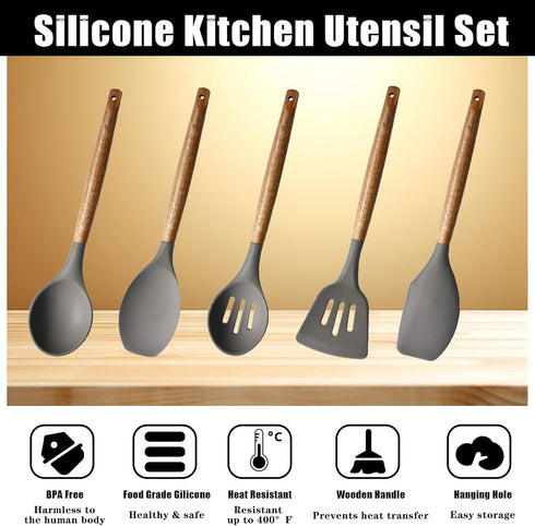 Kitchen Utensils Set, Non-Stick Silicone Cooking Utensils with Acacia Hard Wood Handle, 5 Piece