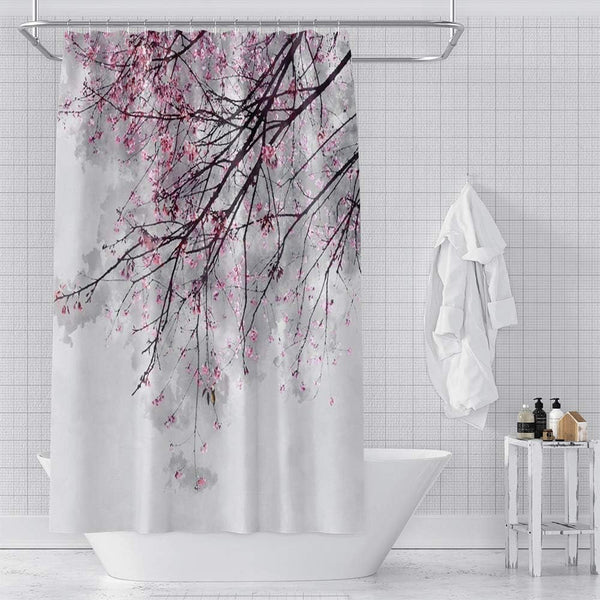 OERJU Cherry Blossoms Shower Curtain, Pink Flower Japanese National Flower, Waterproof Polyester Bathroom Decor Set