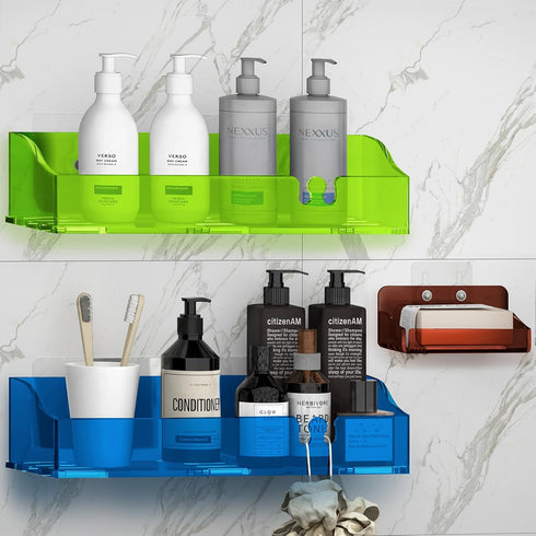 Acrylic Shower Shelves 3 Pack, Adhesive Organizer for Bathroom Storage, No Drilling, Colorful Shower Caddy