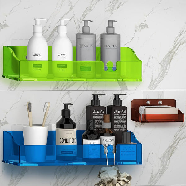 Acrylic Shower Shelves 3 Pack, Adhesive Organizer for Bathroom Storage, No Drilling, Colorful Shower Caddy