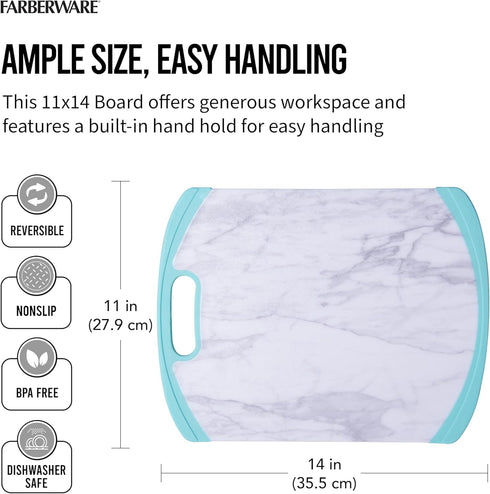 Farberware Plastic Cutting Board with Aqua Nonslip Edges, Stylish Marble Pattern, 11x14-Inch