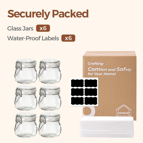 6-Pack 17oz Set ComSaf Short Glass Jars for Drawers, Small Airtight Food Canisters for Spices, Nuts & Kids Snacks, Pint