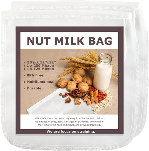 SCENGCLOS Nut Milk Bags, 12"x12", 2 Pack, Reusable Nylon Food Strainer for Almond Milk, Juice, Tea, Cold Brew Coffee