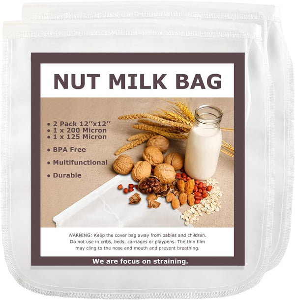SCENGCLOS Nut Milk Bags, 12"x12", 2 Pack, Reusable Nylon Food Strainer for Almond Milk, Juice, Tea, Cold Brew Coffee