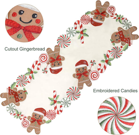 90 inches Gingerbread Table Runner Christmas Runners Embroidered Decorations Candy Cane Long for Kitchen Dinning Coffee