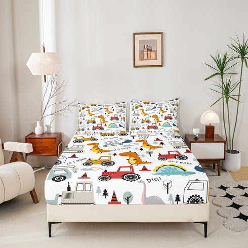 Set Set Set Feelyou Construction Sheet Kids Cartoon Dinosaur Sheets with Deep Pocket Fitted Sheet for Boys Teens