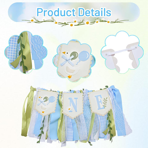 1st One Silly Goose High Chair Banner - Rustic Blue Ribbon Tassel Garland, NO DIY Required, Birthday Decoration