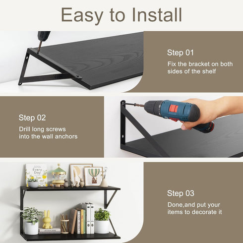 12 Inch Set 2, 16" 12" 12 Fun Memories Deep Floating Shelves for Wall, Deep Black Floating Shelves of W x D Wall Shelf