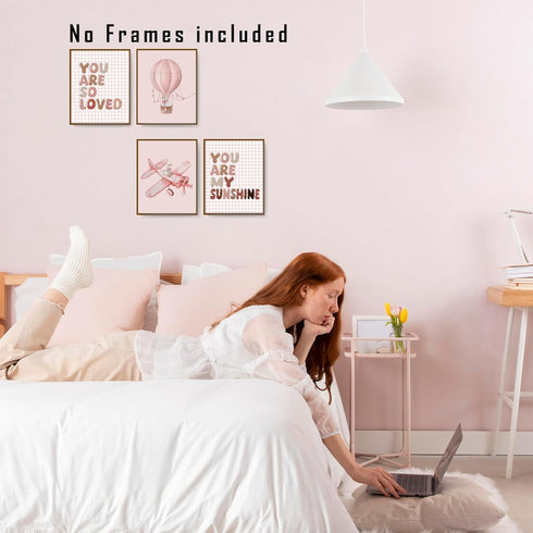 Set 4, 8x10 FITIE Pink Girl Nursery Wall Art Posters of Boho Nursery Decor Girl, You Are My Sunshine Hot Air Balloon