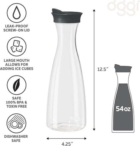 OGGI Clear Carafe w/Flip Open Lid, Ideal Juice Bottle, 1.6 Lt (54Oz), Black