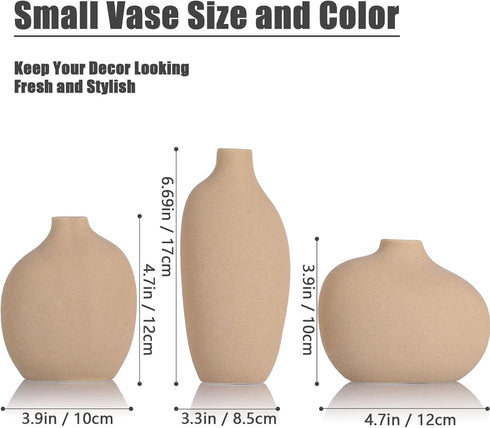 Set 3,Bulk Small Tan Brown Ceramic Vase of Mini Bud Vases for Flowers and Pampas Grass,Cute Boho Ellipse Home Decor