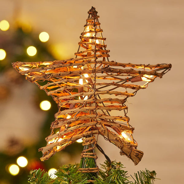 Rattan 3D Star Tree Topper, 12" Rustic Rattan Star with Built-in 10-Bulb String Lights for Christmas Decoration