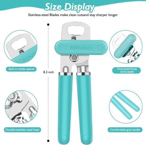 Manual Can Opener, 10 Colors, Heavy Duty Handheld Stainless Steel, Smooth Edge, Easy Turn Knob, Aqua Sky