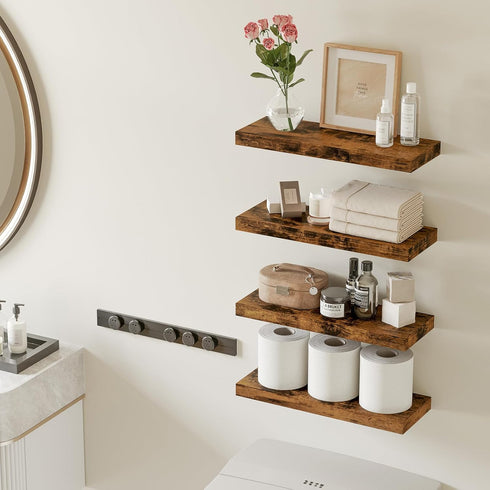 Set 4, Fixwal Wood Floating Shelves, Wall Shelves of Shelves for Wall Decor, with Invisible Brackets for Bathroom