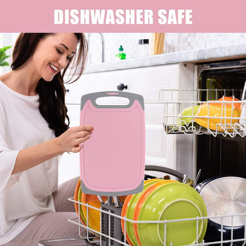 Plastic Chopping Board Set of 4 for Kitchen, Non-Slip Feet, Deep Drip Juice Groove, Dishwasher Safe (Pink/Gray)