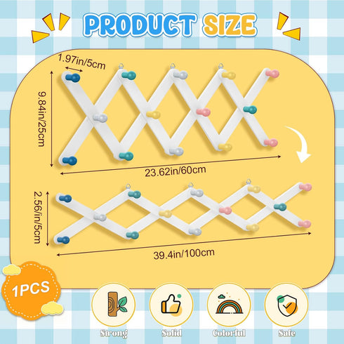 Suzile Expandable Kids Coat Rack, Cute Wooden Hanger for Toddler, Rainbow Accordion Wall Mount for Backpack