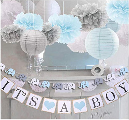 luckylibra Boy Baby Shower Decorations, It is a Boy Banners, Elephant Garland, Paper Lantern, Paper Flower Pom Poms