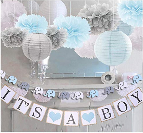 luckylibra Boy Baby Shower Decorations, It is a Boy Banners, Elephant Garland, Paper Lantern, Paper Flower Pom Poms