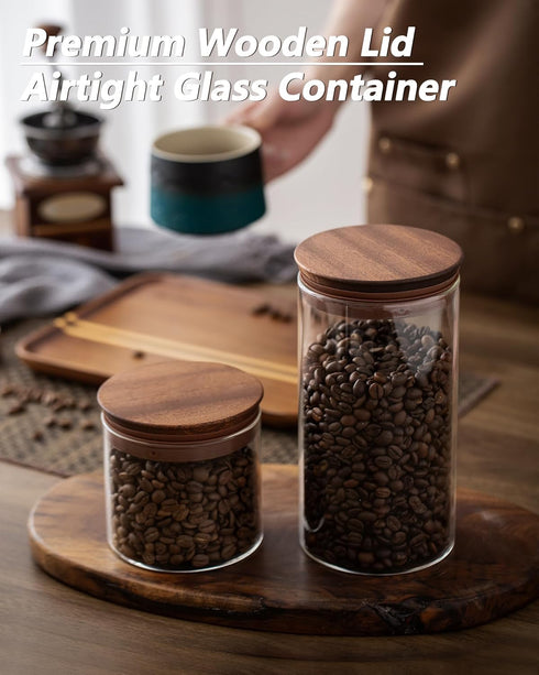 17 oz Sets 2 Coffee Canister with Scoop and Wooden Lids, Airtight Glass Coffee Beans Storage Container of for Ground