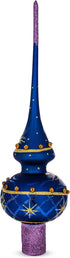 Purple Jewels and Golden Leaves on Blue Mouth Blown Glass Christmas Tree Topper, 11 Inches