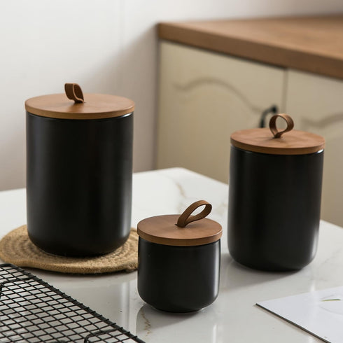 Canister Sets for Kitchen, Black Ceramic Kitchen Canisters with Airtight Wood Lids, Set of 3 for Flour and Sugar