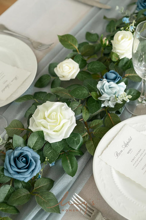 5FT Ling's Moment Dusty Blue Artificial Flower Garland Rose Leaves Floral Garland Arch Flowers Vine Table Centerpieces