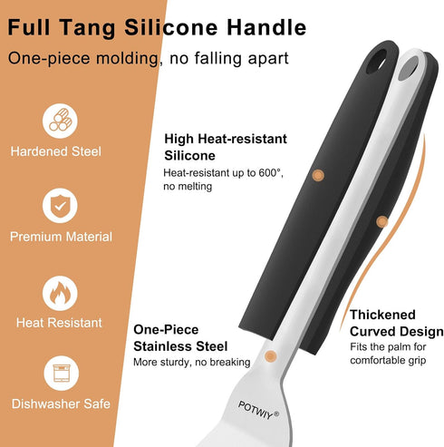 Set, 13.3" 11.3" (2 Pack) Stainless Steel Spatula Large & Small Slotted Fish Turner with Silicone Handle, Metal