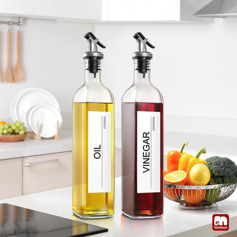 GMISUN Oil Dispenser for Kitchen, Glass Oil Container Set of 4, Cooking Oil and Vinegar Dispenser with Funnel and Labels