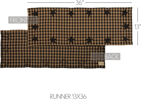 VHC Brands Black Star Cotton Woven Quilted Runner, 13x36, Black