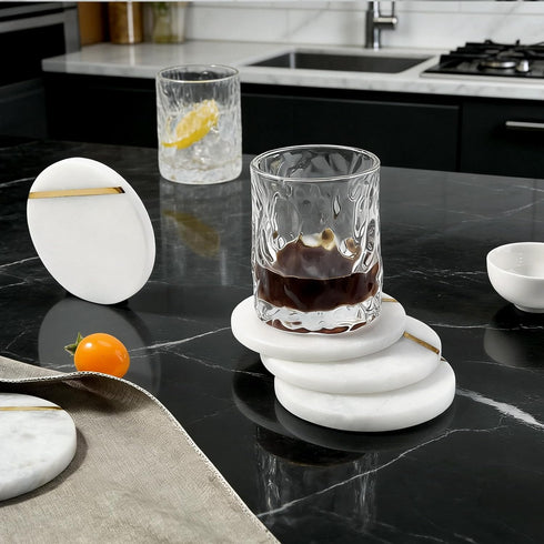 Set 6 3.9" Inches Koville White Marble Coasters of for Coffee Table, Handmade Round Coaster, Luxury Aesthetic Marble