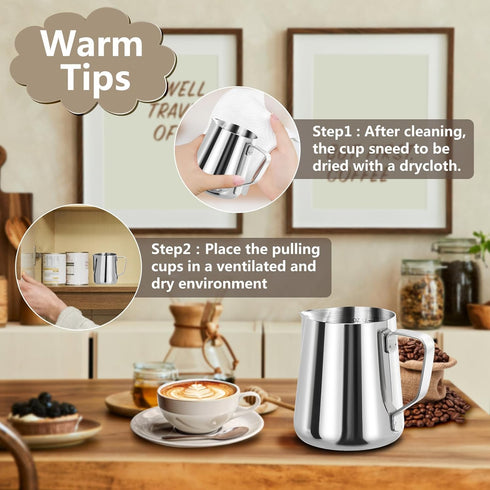 Milk Frothing Pitcher, 12oz Espresso Steaming Pitcher, Stainless Steel Milk Jug Cup with Decorating Pen