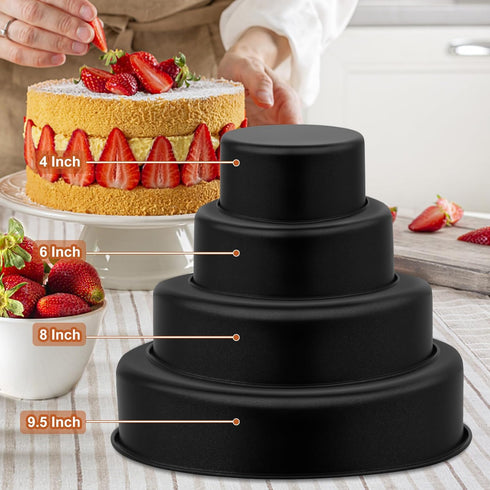 P&P CHEF Nonstick Cake Pan Set of 4 (4 + 6 + 8 + 9.5 Inch), Round Baking Pans for Layer Cake, Oven Safe