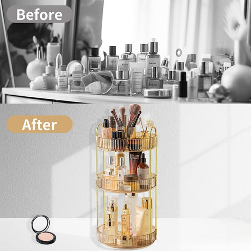 Asayuee 360 Organizer,3 Countertop(Gold) Rotating Makeup Tier Large Capacity Make Up Organizers and Storage,Skincare