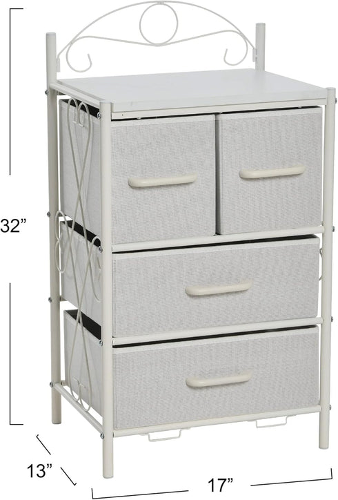 Household Essentials Victoria Dresser Nightstand, Storage Organizer with 4 White Drawers and Metal Frame